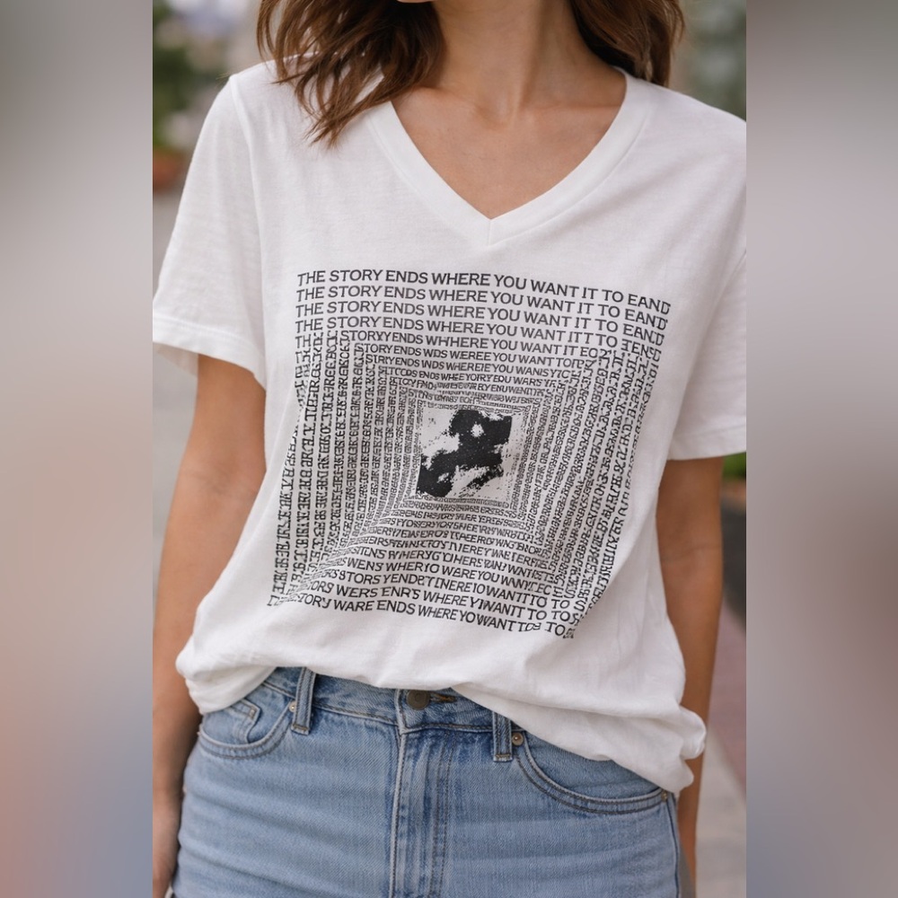 SNDY Collection Graphic V-Neck Tee Handmade in CA Cropped Boxy White Shirt Artsy